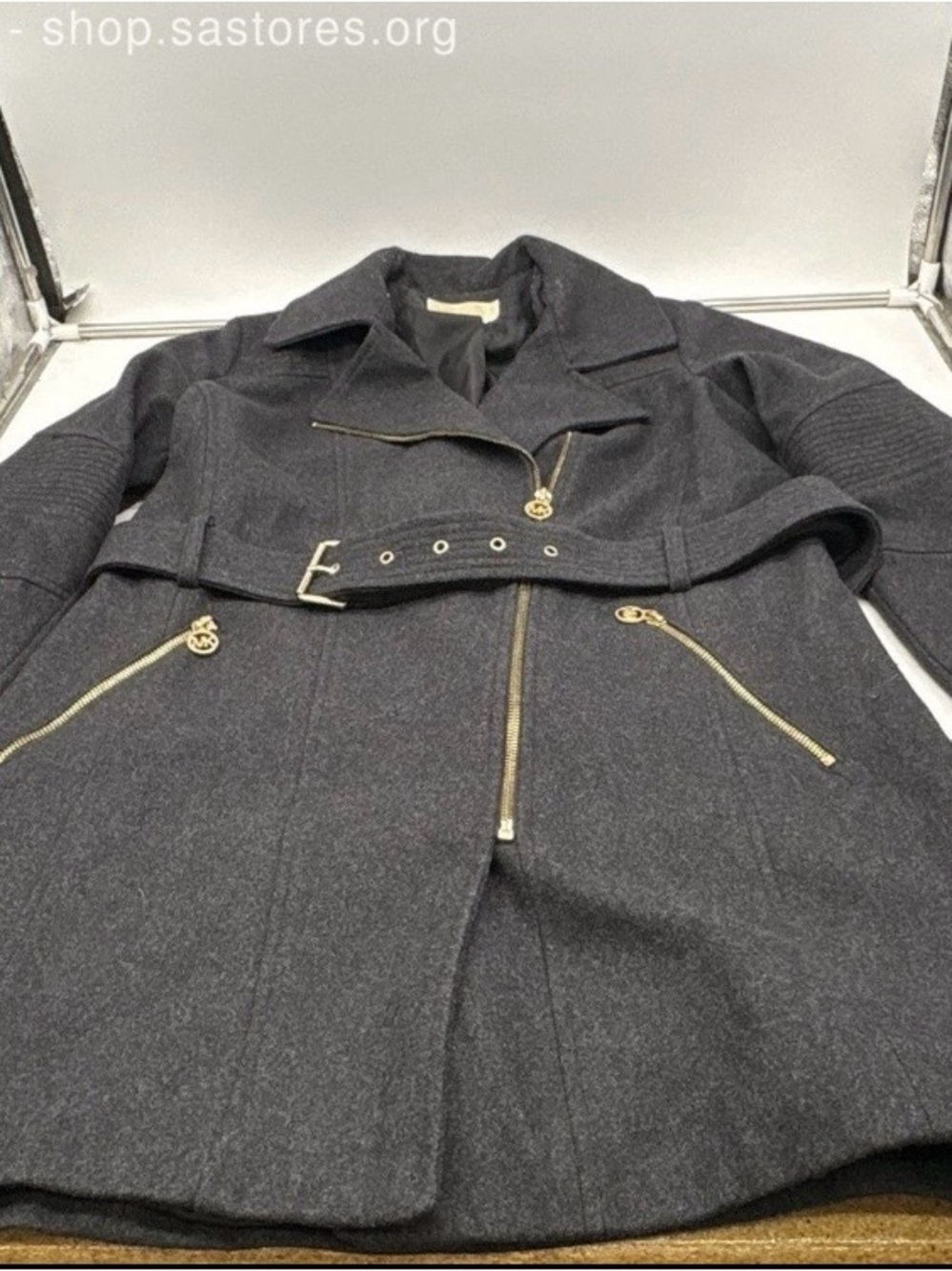 Michael Kors Charcoal Gray Wool-Blend Belted Trench Coat with Gold Zippers